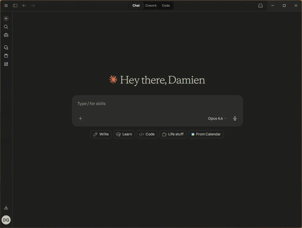 Claude desktop app showing welcome screen
