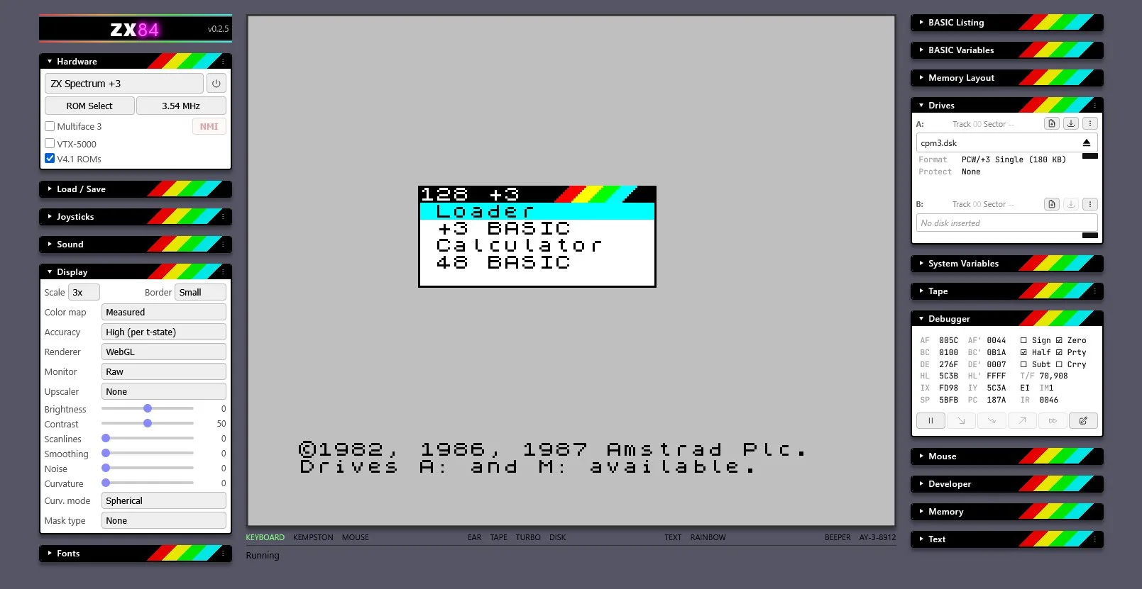 ZX84 emulator showing Spectrum +3 boot screen with debugger, drives, and display settings panels
